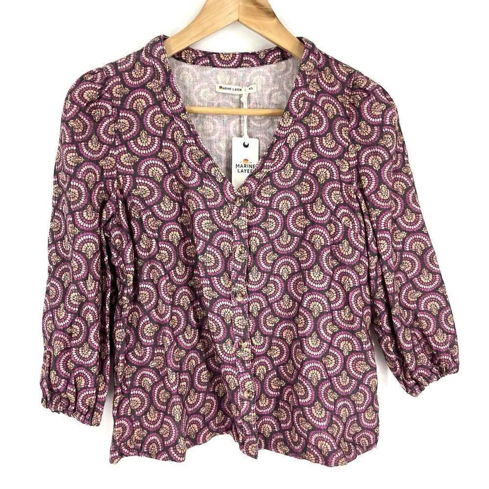 Marine Layer Top Size XS Womens Pink Fan Block Print Colette Doublecloth Shirt